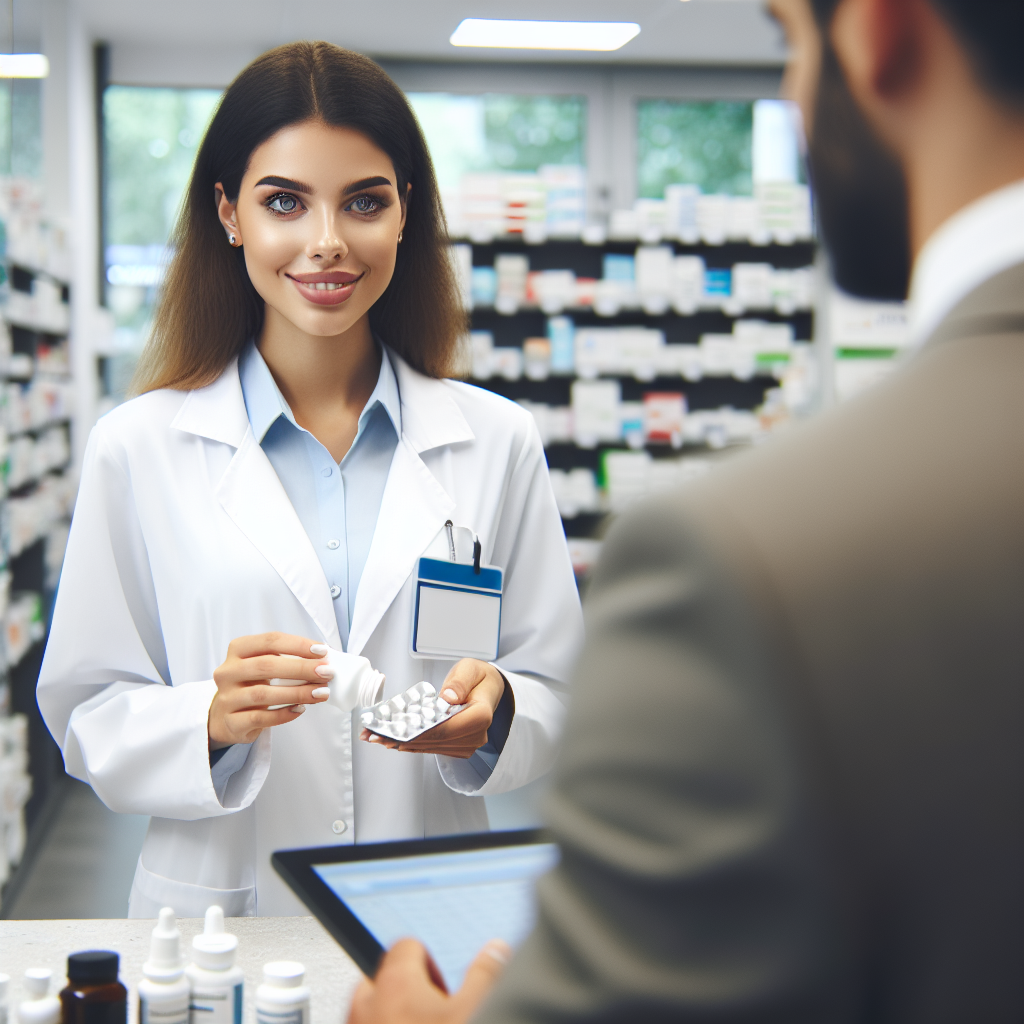 Realistic stock image of pharmacist dispensing medication