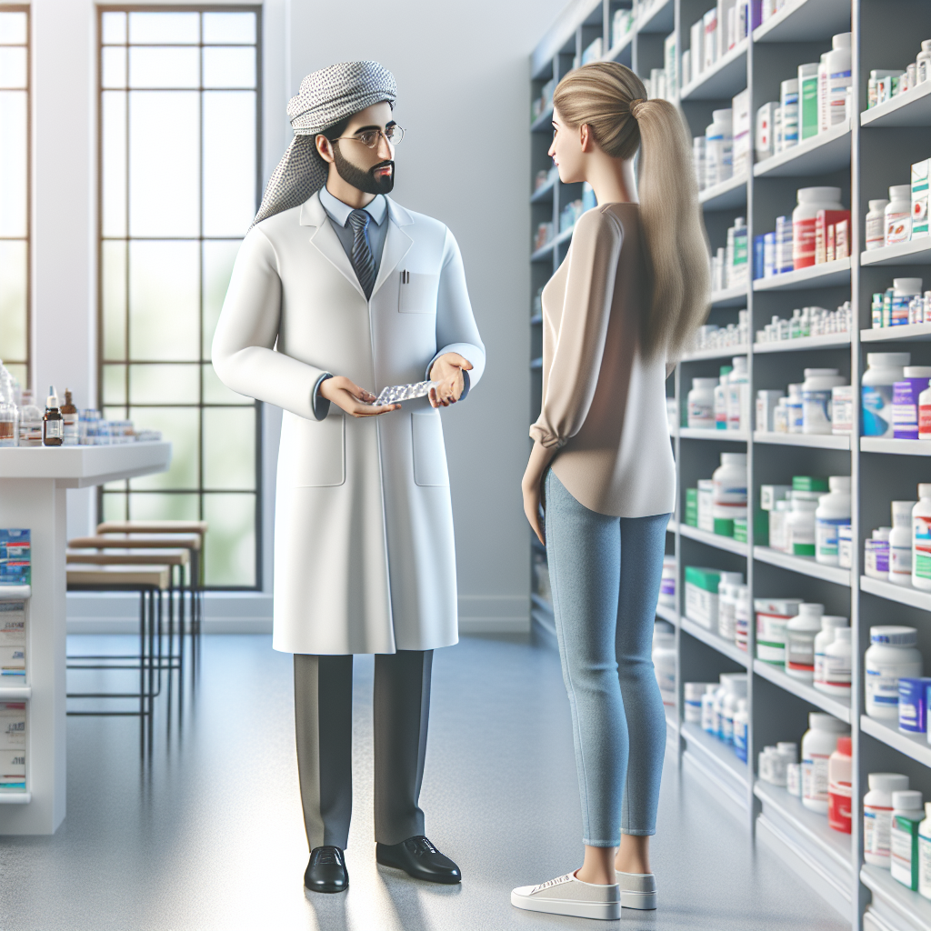 Realistic stock image of pharmacist advising customer.