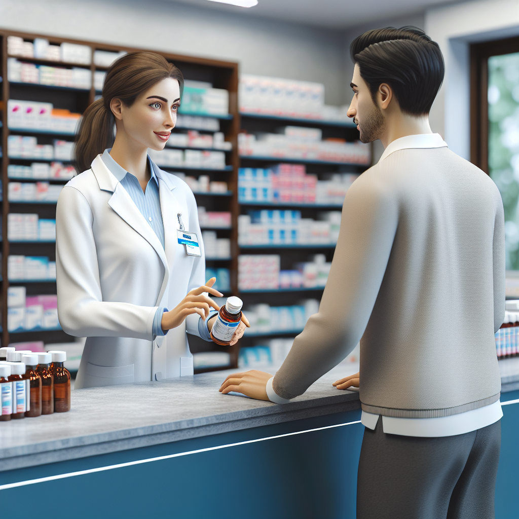 Realistic stock image of pharmacist assisting customer.